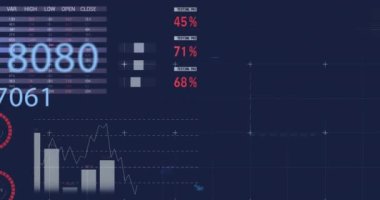 Sayıları değişen dijital arayüzün animasyonu, finansal veri işleme ve istatistik kaydı. Küresel işletme finans ekonomisi kavramı dijital olarak oluşturulmuş görüntü.