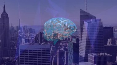 Dijital beynin şehir manzarası üzerindeki animasyonu. küresel dijital arayüz, teknoloji ve bağlantılar konsepti dijital olarak oluşturulmuş video.