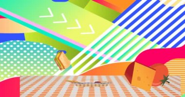 Piknik sepetlerinin soyut desenli arkaplanda, gingham masa örtüsünün üzerinde canlandırılması. Ulusal piknik günü konsepti dijital olarak oluşturulmuş video.