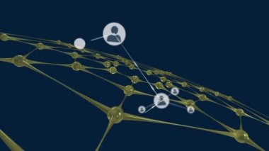 Mavi arkaplandaki simge ve şekillerle bağlantı ağının animasyonu. Sosyal medya ve iletişim arayüzü kavramı dijital olarak oluşturulmuş video.
