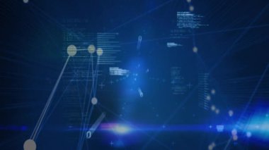 Mavi arkaplanda veri işleme ve ikili kodlama animasyonu. küresel veri işleme ve dijital arayüz konsepti dijital olarak oluşturulmuş video.