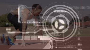 Beyaz kadın koşucunun istatistik ve veri işleme animasyonu. global spor, iletişim, veri işleme ve dijital arayüz kavramı dijital olarak oluşturulmuş video.