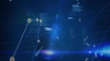 Mavi arkaplanda veri işleme ve ikili kodlama animasyonu. küresel veri işleme ve dijital arayüz konsepti dijital olarak oluşturulmuş video.
