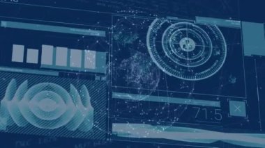 Ekranlardaki istatistik ve veri işleme animasyonları. küresel iletişim, veri işleme ve dijital arayüz kavramı dijital olarak oluşturulmuş video.