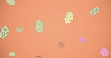 Kırmızı arka plana düşen paskalya yumurtalarının animasyonu. Paskalya Pazarı ve dijital olarak üretilen video konsepti.