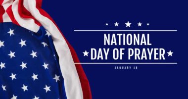 Mavi arka planda Amerikan bayrağıyla ulusal dua gününün animasyonu. Ulusal ibadet günü, Amerikan vatanseverliği, din ve gelenek kavramı dijital olarak oluşturulmuş video.