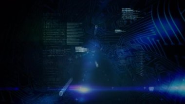 Mavi arkaplanda veri işleme ve ikili kodlama animasyonu. küresel veri işleme ve dijital arayüz konsepti dijital olarak oluşturulmuş video.