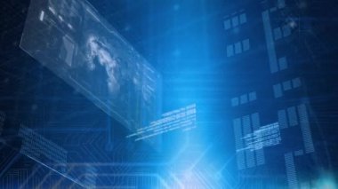 Mavi arkaplanda veri işleme ve ekranlarının animasyonu. küresel veri işleme ve dijital arayüz konsepti dijital olarak oluşturulmuş video.