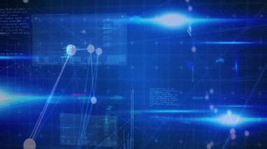 Mavi arkaplanda veri işleme animasyonu. küresel veri işleme ve dijital arayüz konsepti dijital olarak oluşturulmuş video.