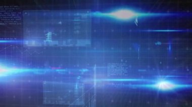 Mavi arkaplanda veri işleme ve ekranlarının animasyonu. küresel veri işleme ve dijital arayüz konsepti dijital olarak oluşturulmuş video.