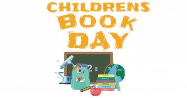 Çocuk kitapları haftasının animasyonu beyaz arka planda okul eşyaları üzerine yazılmış. Çocuk kitabı haftası ve okuma konsepti dijital olarak oluşturulmuş video.