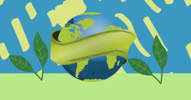 用绿色丝带和蓝色背景的绿色图案包裹着的叶子的动画 地球日 环境和可持续性概念数码视频 — 图库视频影像