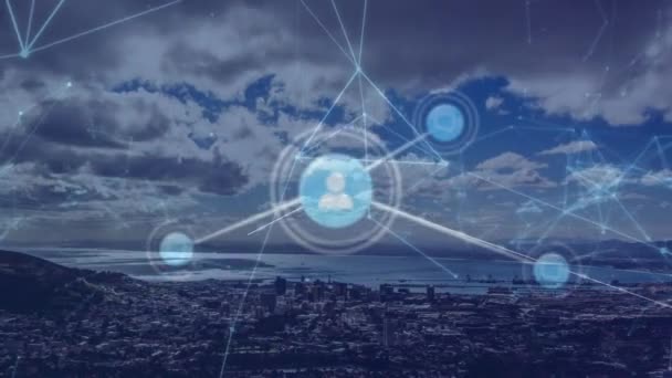 都市のアイコンとの接続のネットワークのアニメーション 世界的なデジタルインターフェース技術と接続の概念デジタル生成されたビデオ — ストック動画