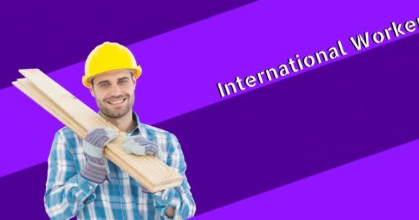 Animation Smiling Caucasian Male Worker International Workers Day Text International — Stock Video