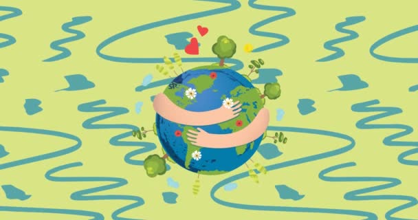 Animation Arms Wrapped Globe Trees Green Background Earth Day Environment — Stock Video