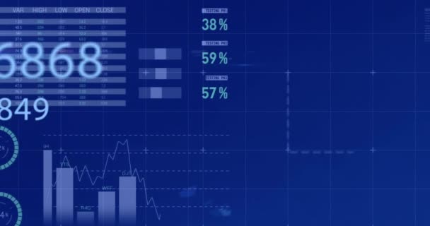 动画数字接口与数字变化 财务数据处理和统计记录在蓝色背景上 全球商业金融经济概念数字生成的形象 — 图库视频影像