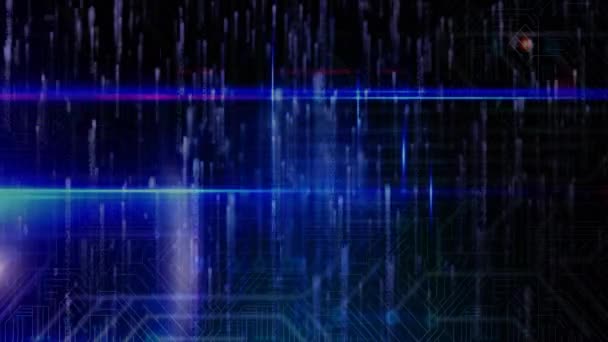 Animation de sentiers lumineux et carte de circuit informatique sur fond bleu. traitement global des données et concept d'interface numérique vidéo générée numériquement.