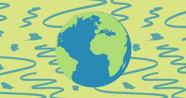 绿色背景上的微笑的地球和蓝色图案的动画 地球日 环境和可持续性概念数码视频 — 图库视频影像