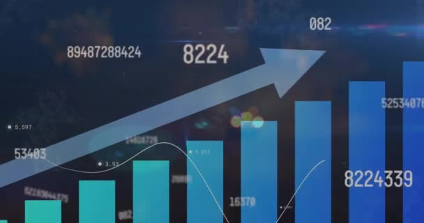 Animação Estatísticas Processamento Números Com Seta Sobre Paisagem Urbana Conceito — Vídeo de Stock