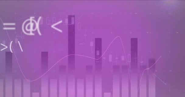 动画数字接口与财务数据处理和统计记录的紫色背景 全球商业金融经济概念数字生成的形象 — 图库视频影像