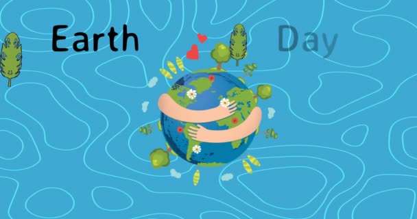 在环绕地球的臂膀上和蓝色背景的树木上描绘地球日的文字 地球日 环境和可持续性概念数码视频 — 图库视频影像