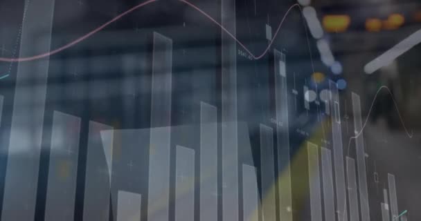 Animación Estadísticas Procesamiento Datos Financieros Fuera Foco Luces Carretera Ciudad — Vídeo de stock