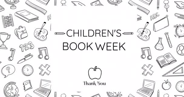 Animatie Van Kinderen Boek Week Tekst Schoolartikelen Witte Achtergrond Kinderen — Stockvideo