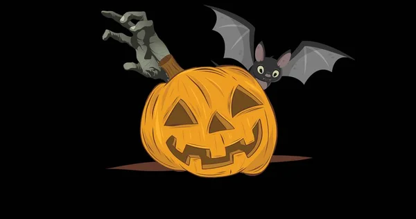 Zusammensetzung Von Kürbis Und Fledermaussymbolen Auf Schwarzem Hintergrund Halloween Tradition — Stockfoto