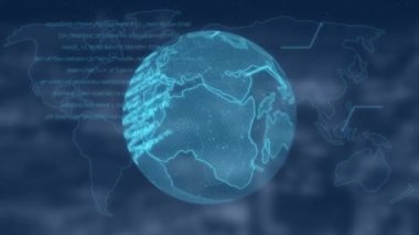 Bulanık arka planda veri işleme ve küre animasyonu. küresel dijital arayüz, teknoloji ve bağlantılar konsepti dijital olarak oluşturulmuş video.