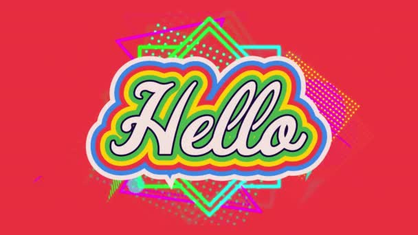 Animación Texto Hello Con Colores Arcoíris Múltiples Formas Abstractas Moviéndose — Vídeo de stock