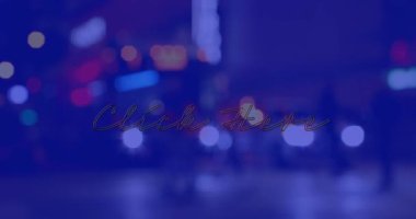 Gece mavi arkaplanda şehir manzarası üzerinde buraya tıklanmasının animasyonu. Sosyal medya ve iletişim arayüzü kavramı dijital olarak oluşturulmuş video.