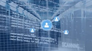 Sunucu odasındaki simgeler ve veri işleme ağı animasyonu. küresel iş, finans, bağlantılar ve dijital arayüz konsepti dijital olarak oluşturulmuş video.