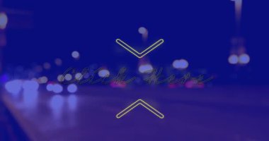 Gece mavi arkaplanda şehir manzarası üzerinde buraya tıklanmasının animasyonu. Sosyal medya ve iletişim arayüzü kavramı dijital olarak oluşturulmuş video.