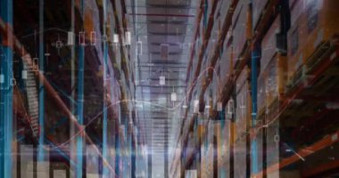 Boş bir depoda finansal veri işleme animasyonu. küresel sevkiyat, dağıtım ve bağlantılar konsepti dijital olarak oluşturulmuş video.