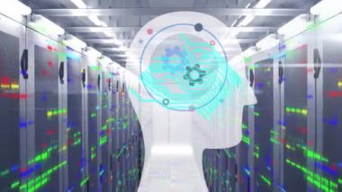 Sunucu odasının üzerinde çarklı ve renkli şekilli kafa animasyonu. küresel iş, finans ve dijital arayüz kavramı dijital olarak oluşturulmuş video.