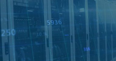 Sunucu odasında veri işleme animasyonu. küresel iş, finans, bağlantılar ve dijital arayüz konsepti dijital olarak oluşturulmuş video.