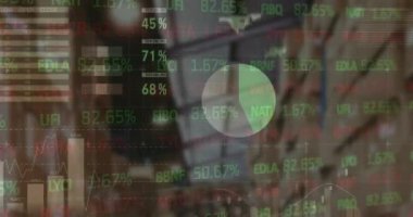 Boş bir depoda finansal veri işleme animasyonu. küresel sevkiyat, dağıtım ve bağlantılar konsepti dijital olarak oluşturulmuş video.