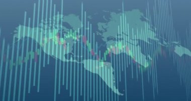Dünya haritası üzerinde veri işleme animasyonu. küresel iş, finans, bağlantılar ve dijital arayüz konsepti dijital olarak oluşturulmuş video.