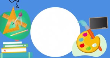 Mavi arkaplandaki okul eşyaları simgeleri üzerine mutlu öğretmenler günü animasyonu. eğitim ve öğrenme kavramı dijital olarak oluşturulmuş video.