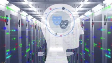 Sunucu odasında maskeli ve renkli şekilli kafa animasyonu. küresel iş, finans ve dijital arayüz kavramı dijital olarak oluşturulmuş video.