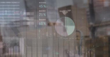 Boş bir depoda finansal veri işleme animasyonu. küresel sevkiyat, dağıtım ve bağlantılar konsepti dijital olarak oluşturulmuş video.