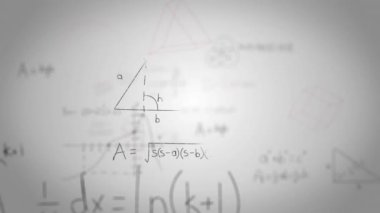 Beyaz arkaplan üzerinde matematiksel denklemlerin animasyonu. Matematiksel denklemler, teknoloji ve dijital arayüz konsepti dijital olarak oluşturulmuş video.