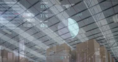 Boş bir depoda finansal veri işleme animasyonu. küresel sevkiyat, dağıtım ve bağlantılar konsepti dijital olarak oluşturulmuş video.