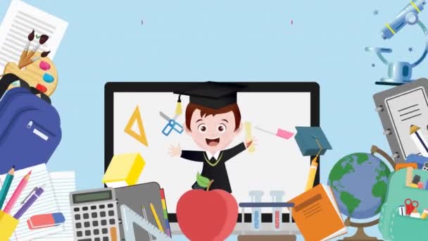 Animation Glad Lärarens Dag Över Skolobjekt Ikoner Blå Bakgrund Utbildning — Stockvideo