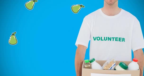 Animation Caucasian Male Volunteer Pear Icons Blue Background Food Drink — Stock Video