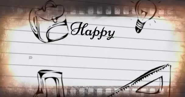 Animacja Szczęśliwego Dnia Nauczyciela Nad Ikonami Przedmiotów Szkolnych Białym Tle — Wideo stockowe