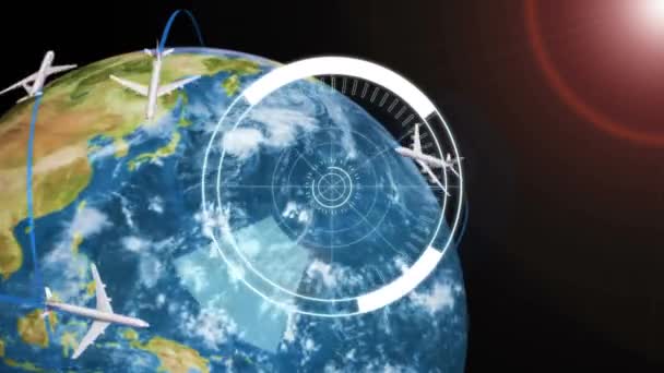 5g textové a kulaté skenery proti ikonám letadla letícím nad rotující koulí a světlicí čočky. globální síťový a technologický koncept