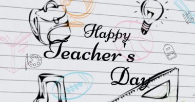 Beyaz arka planda okul eşyaları simgeleri üzerine mutlu öğretmenler günü animasyonu. eğitim ve öğrenme kavramı dijital olarak oluşturulmuş video.