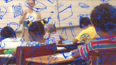 Çeşitli okul çocukları ve bayan öğretmenler üzerinde okul eşyalarının canlandırılması. eğitim ve öğrenme kavramı dijital olarak oluşturulmuş video.