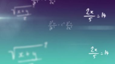 Mavi arkaplan üzerinde matematiksel denklemlerin animasyonu. Matematiksel denklemler, teknoloji ve dijital arayüz konsepti dijital olarak oluşturulmuş video.